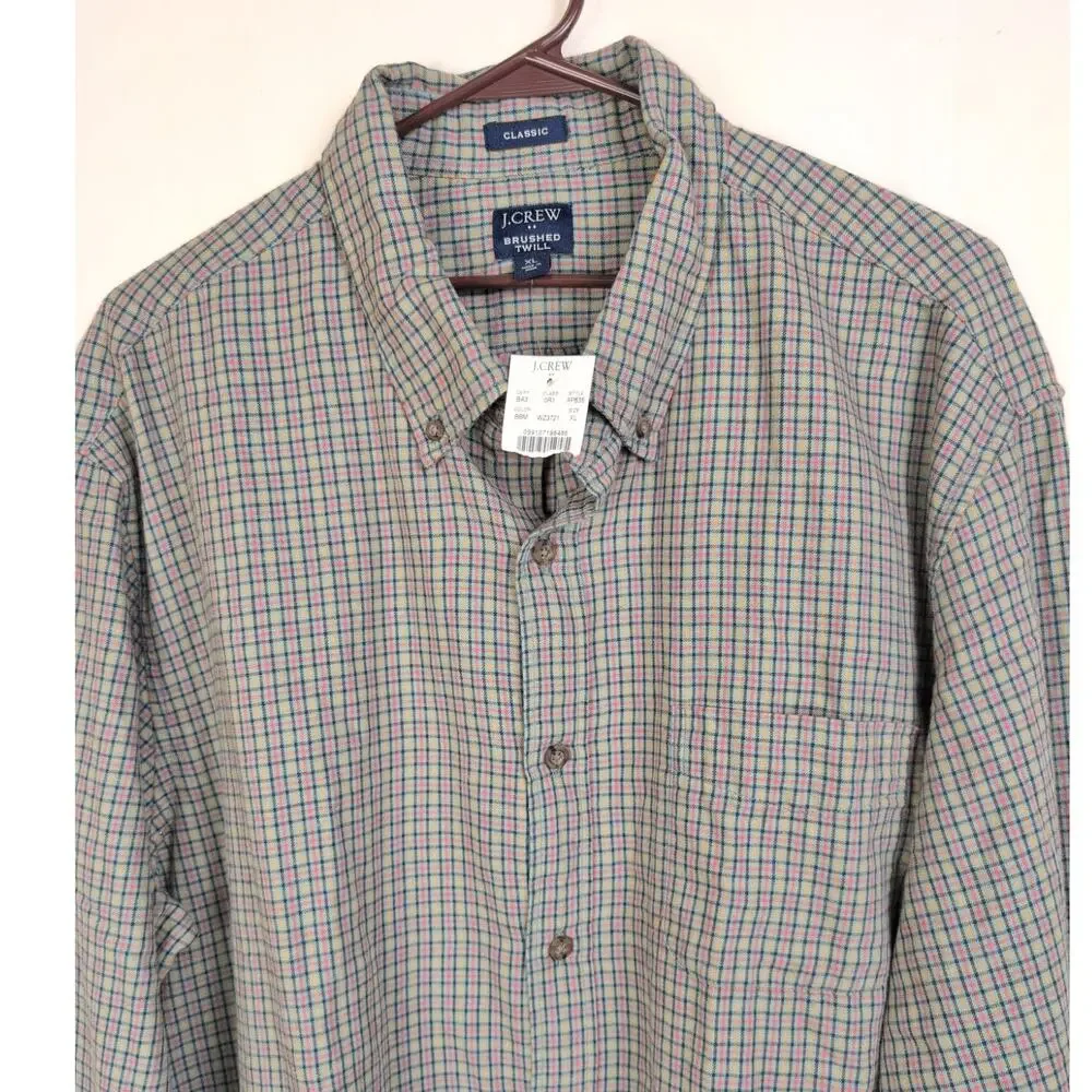 New J.Crew Brushed Twill green plaid button up shirt Size XL Preppy Classic